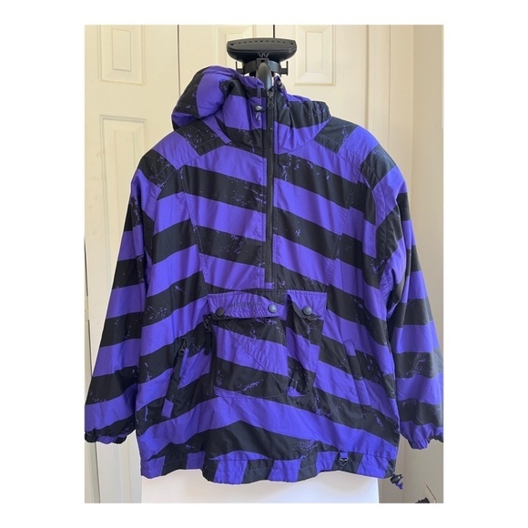 Obermeyer Purple Black Striped Popover Ski Pullover Coat with Pockets, Size S - Picture 2 of 14